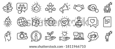 Influence people, Megaphone and Representative. Brand ambassador line icons. Handshake, influencer marketing person, social media like icons. Ambassador person. Brand pr. Vector