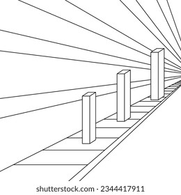 Influencia de perspectiva en columnas, ilusión óptica geométrica Ponzo. Tres columnas del mismo tamaño exacto, colocadas delante de líneas de perspectiva natural. Los pilares parecen ser de diferentes tamaños.