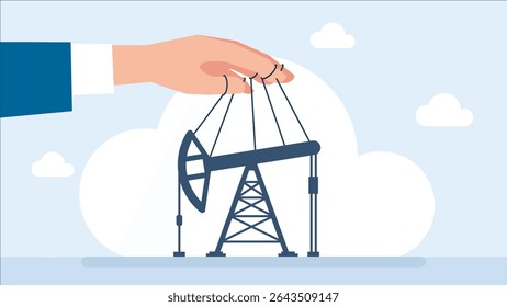 The influence of politics or business on oil production. Businessman, politician manipulates oil rig like a puppeteer. Petroleum industry business. Mining of black gold. Vector illustration.