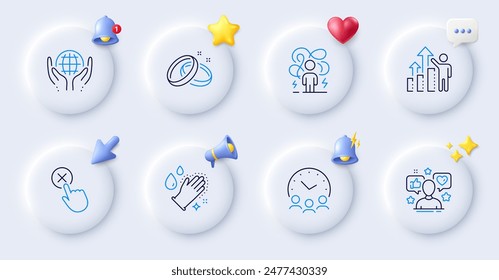 Influence, Reject click and Employee results line icons. Buttons with 3d bell, chat speech, cursor. Pack of Wedding rings, Difficult stress, Organic tested icon. Vector