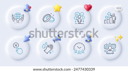 Influence, Reject click and Employee results line icons. Buttons with 3d bell, chat speech, cursor. Pack of Wedding rings, Difficult stress, Organic tested icon. Vector