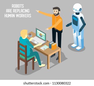 Influence of robot-based automation on human employment concept vector isometric illustration. Robots replacing human workers. Robots vs human labor.