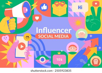 Influir en las redes sociales.Influencer marketing y smm concepto, símbolos de la red de promoción-regalo, como, corazón, followers.Blogger's contenido con promoción y recomendaciones para sus seguidores en línea.Vector