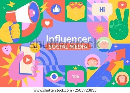 Influence social media.Influencer marketing and smm concept,symbols of network promotion-gift,like,heart,followers.Blogger's content with promotion and recomendations for his followers online.Vector