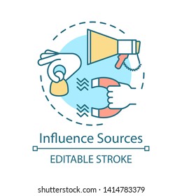 Influence sources concept icon. Customer attraction strategy idea thin line illustration. Clients retention. Advertising campaign. Marketing. Vector isolated outline drawing. Editable stroke