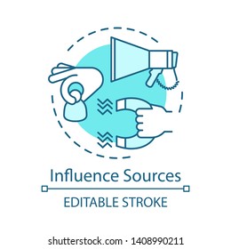 Influence sources turquoise concept icon. Customer attraction strategy idea thin line illustration. Clients retention. Advertising campaign. Marketing. Vector isolated outline drawing. Editable stroke