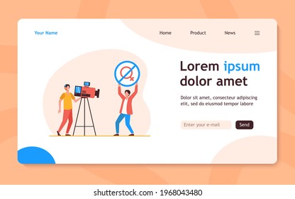 Influencer or activist showing no woman allowed sign at camera. Sexist, cameraman. Flat vector illustration. Gender discrimination concept for banner, website design or landing web page