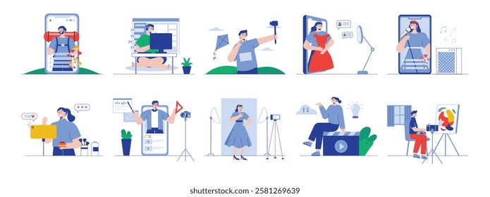 Influencer activities, making creator content for viewers. Character design. Vector flat illustration packs