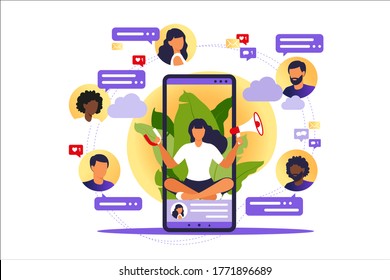 Influencer advertising marketing. Blogger promotion services and goods for his followers online. Vector illustration. Influence blogger, digital smm, web marketing online.