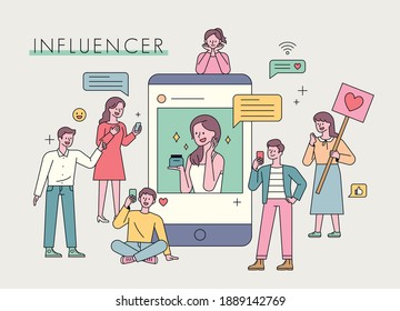 Influencer advertising marketing. Celebrities are advertising on social networks and people are gathering around. flat design style minimal vector illustration.