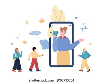 Influenciar con el concepto de marketing publicitario. Una mujer en la pantalla del teléfono móvil grita en megáfono a sus seguidores por servicios de promoción en línea y bienes. Ilustración vectorial plana.