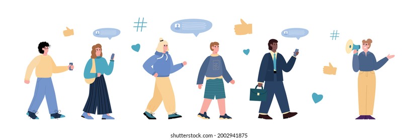 Influenciar con el concepto de marketing publicitario. Mujer con seguidores atractivos del megáfono y promoción de servicios y bienes en línea. Ilustración vectorial de caricatura plana aislada en blanco