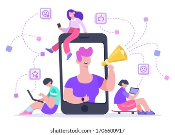 Influencer advertising marketing. Social media promotion, phone screen influencer or blogger internet advertisement promotion vector illustration. Influence blogger, digital smm, web marketing online
