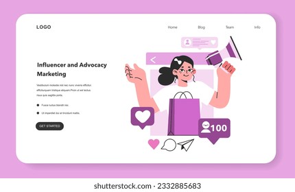 Influencer or advocacy marketing web banner or landing page. Social media or digital promotion by customer or influencer reviews. Brand advertisement and public relations. Flat vector illustration