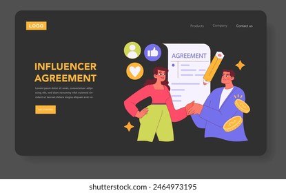 Influencer agreement concept. Digital marketing partnership with social media personality. Contract signing illustration for online promotions. Vector illustration.