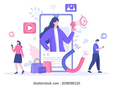 Influencer Blogger Content Creator Background of Sharing Moments at Social Networks or Making Post for Followers Can use to Poster and Web Design Template Vector Illustration