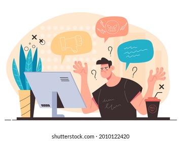 Influencer blogger having negative reactions from his followers. Vector flat modern style graphic illustration