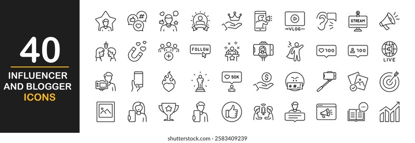 Influencer and blogger icon set. Containing influencer, content, creation, vlogging, blog, vlogger, social media, video equipment, digital marketing and more. Vector illustration