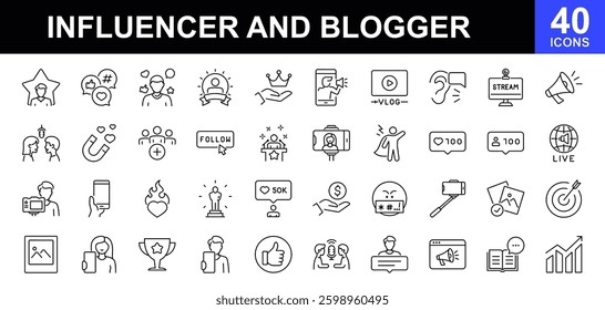 Influencer and blogger icon set. Containing influencer, content, creation, vlogging, blog, vlogger, social media, video equipment, digital marketing and more. Vector illustration