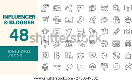 Influencer and Blogger icon set. Containing ambassador, brand, podcast, content, blog, influence, communication, network, like, social media and more. Editable line icons. Vector illustration.