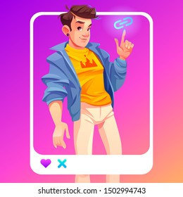 Influencer blogger man in stylish clothes with crown print on t-shirt pointing on link icon stand on mobile phone or tablet screen. Male fashion, beauty social media vlog. Cartoon vector illustration