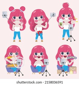 Influencer blogger social media cute cartoon character design vector set.