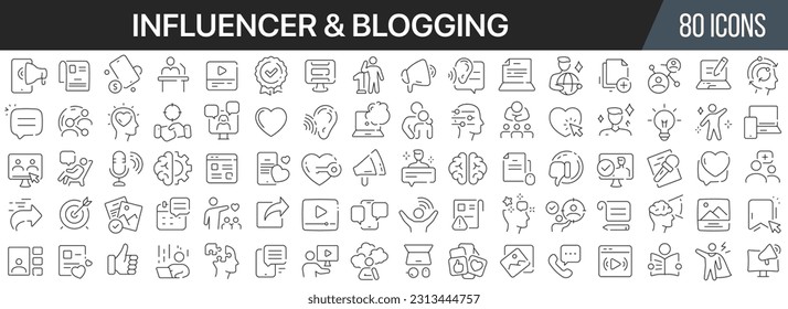 Influencer and blogging line icons collection. Big UI icon set in a flat design. Thin outline icons pack. Vector illustration EPS10