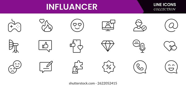 Influencer and blogging line icons collection. Big UI icon set in a flat design. Thin outline icons pack. Vector illustration