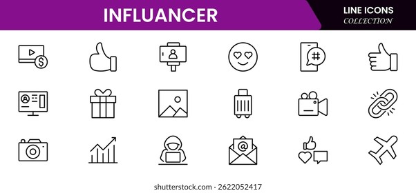 Influencer and blogging line icons collection. Big UI icon set in a flat design. Thin outline icons pack. Vector illustration