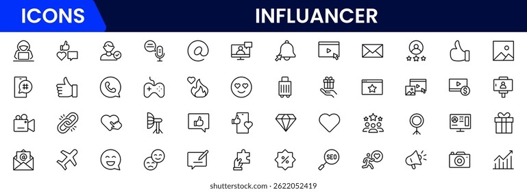 Influencer and blogging line icons collection. Big UI icon set in a flat design. Thin outline icons pack. Vector illustration