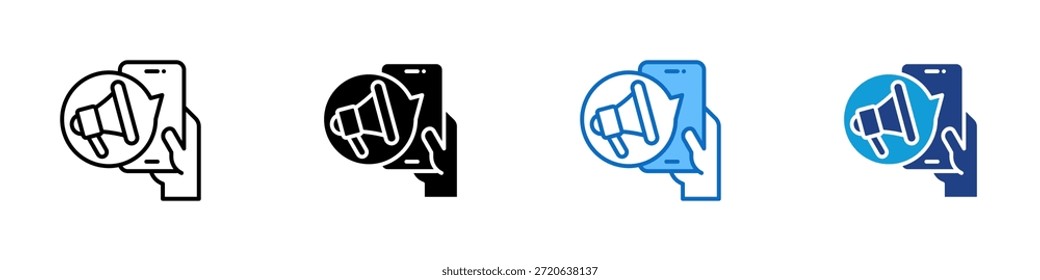 Influencer Campaign Multiple Style Icon Design Vector - smartphone with a circular overlay showing a megaphone held by a hand, emphasizing influencer promotion, social outreach, and online sales