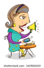 Influencer cartoon sketch concept . Lady with mobile phone and speakerphone. Editable Clip Art.