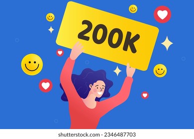 Influencer celebrate large number of followers on social media. Blogging concept. girl blogger have thousands of subscriptions on online channel. vector illustration.