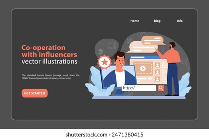 Influencer Collaboration Strategy. A strategic meeting between a business professional and an influencer for promotional partnership. Enhancing digital reach. Flat vector illustration.