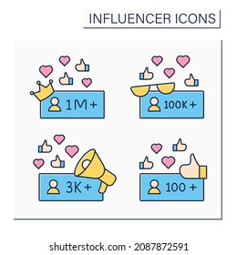 Influencer color icons set. Micro, macro, nano bloggers. Blogging concept. Isolated vector illustrations