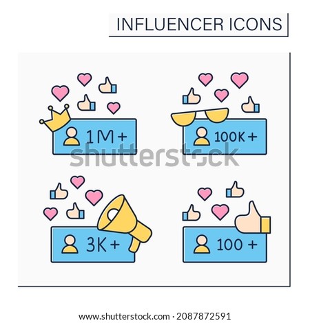 Influencer color icons set. Micro, macro, nano bloggers. Blogging concept. Isolated vector illustrations