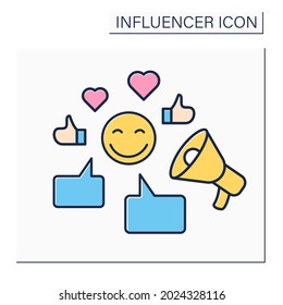 Beeindrucker Farbe Symbol.Schreiben von Beiträgen auf Websites.Kommunikation mit Anhängern. Einfluss auf das Publikum. Inhalte für Abonnenten. Blogging-Konzept. Einzelne Vektorgrafik