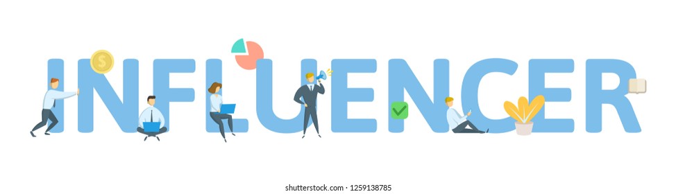INFLUENCER. Concept with keywords, letters, and icons. Colored flat vector illustration. Isolated on white background.