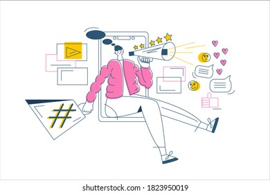 Concepto de influenciador y programa de fidelización de referencia - blogger, servicios de promoción de embajadores de marca y bienes para sus seguidores en línea.  Ilustración lineal vectorial aislada en fondo blanco