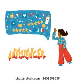 Influencer concept. Stylized word with speech bubble and young woman. Template for social media with marketing text. Vector color illustration. 