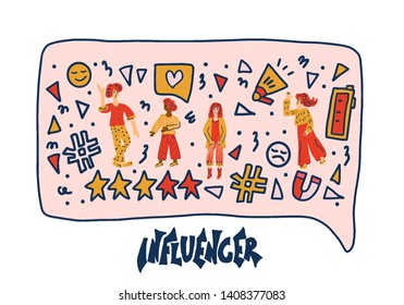 Influencer concept. Stylized word with speech bubble, design elements and bloggers girls. Template for social media. Vector color illustration. 