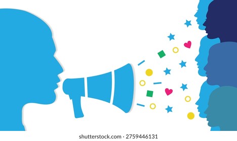Influencer concept vector illustration. Human blue heads silhouette in profile influencing a crowd of people.