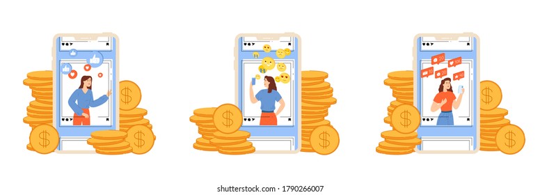 Influencer concept. Young girls promote personal pages and earn money from blogging. Vector illustration in flat style