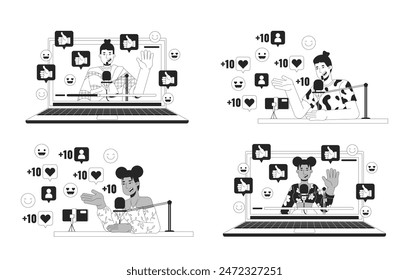 Conjunto de conceptos de ilustración 2D en blanco y negro para creador de contenido de influencer. Diversos vlogueros dibujan personajes aislados en blanco. Colección de Arte vectorial monocromo de metáfora de popularidad en redes sociales