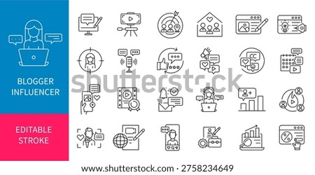 Influencer and Content Creator Line Icon Set, Social Media Marketing, Blogging, Digital Creation, and Online Business Outline Icons 