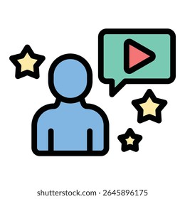 Ilustração em estilo de linha plana do ícone de conteúdo do influenciador representando a criação e o compartilhamento de mídia digital, adequada para marketing de mídia social, engajamento de marca e projetos de estratégia do influenciador