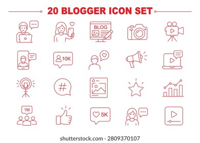 influencer creator icons set, 20 editable line art icons set, influencer and blogger, content creator influencer, social media creativity, branding, audience engagement, theme style, vector
