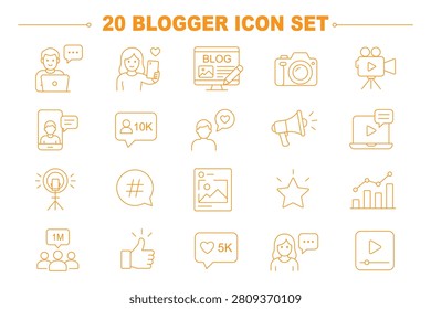 influencer creator icons set, 20 editable line art icons set, influencer and blogger, content creator influencer, social media creativity, branding, audience engagement, theme style, vector
