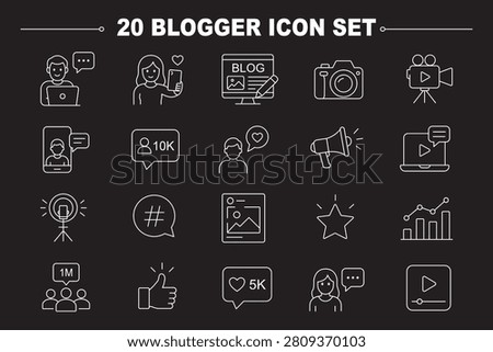 influencer creator icons set, 20 editable line art icons set, influencer and blogger, content creator influencer, social media creativity, branding, audience engagement, theme style, vector
