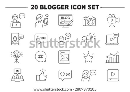 influencer creator icons set, 20 editable line art icons set, influencer and blogger, content creator influencer, social media creativity, branding, audience engagement, theme style, vector
